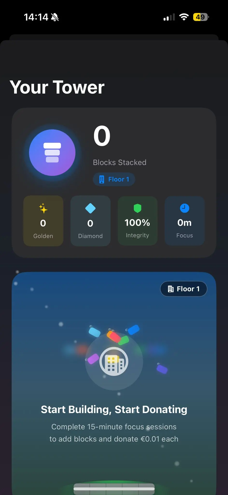 BLOCC app demo - iPhone screen showing focus timer and tower building progress